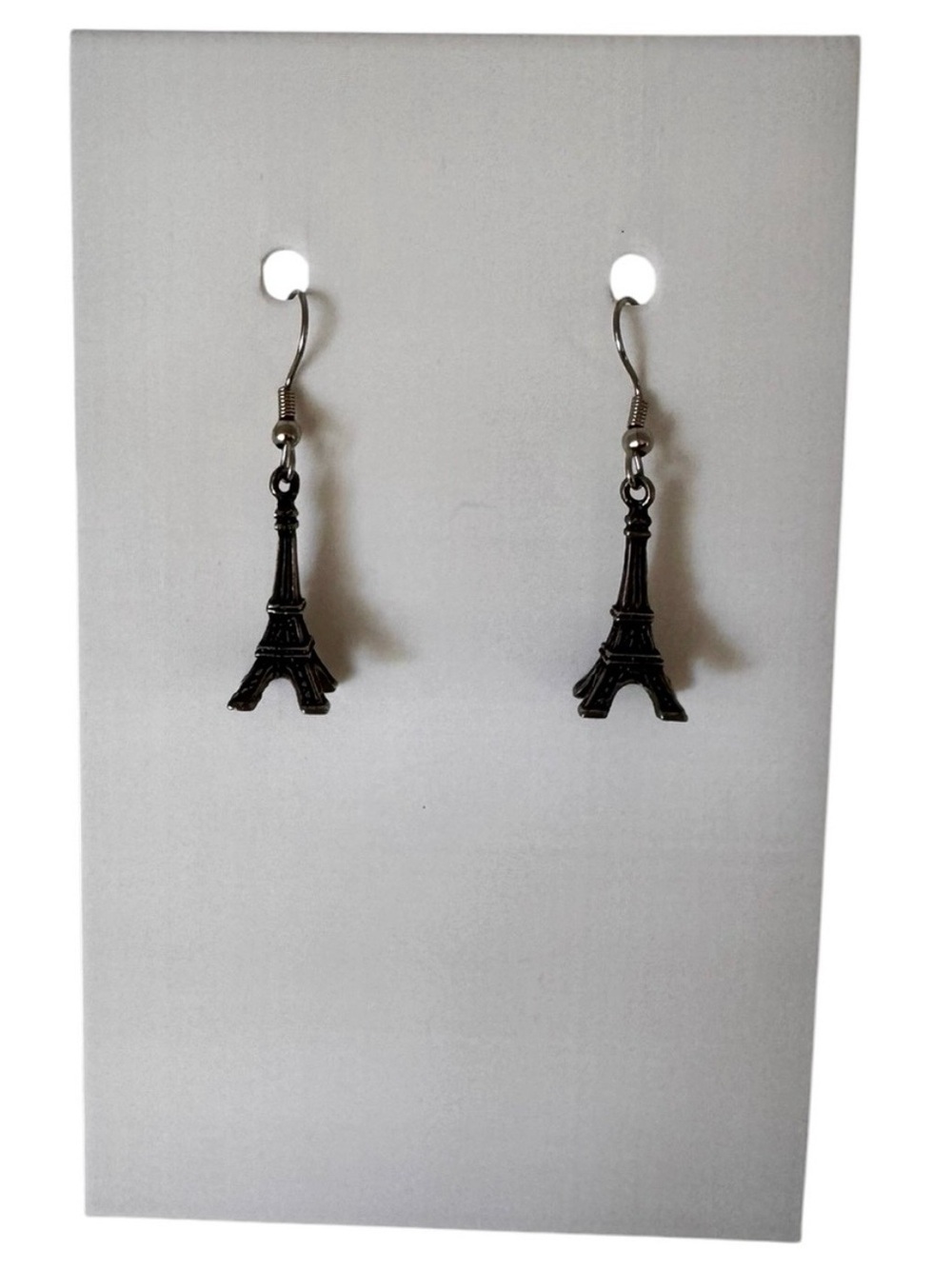 Paris Eiffel Tower Dangle Earrings Gunmetal Silver French Hook Travel Charm - Picture 3 of 4